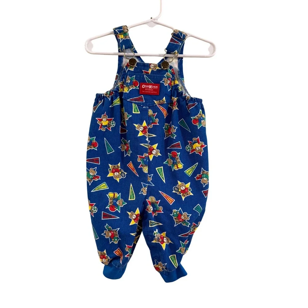 OshKosh B'gosh‎ Overalls Vestbak Kids 12M Blue Sports Bear Vintage Kidcore 90s